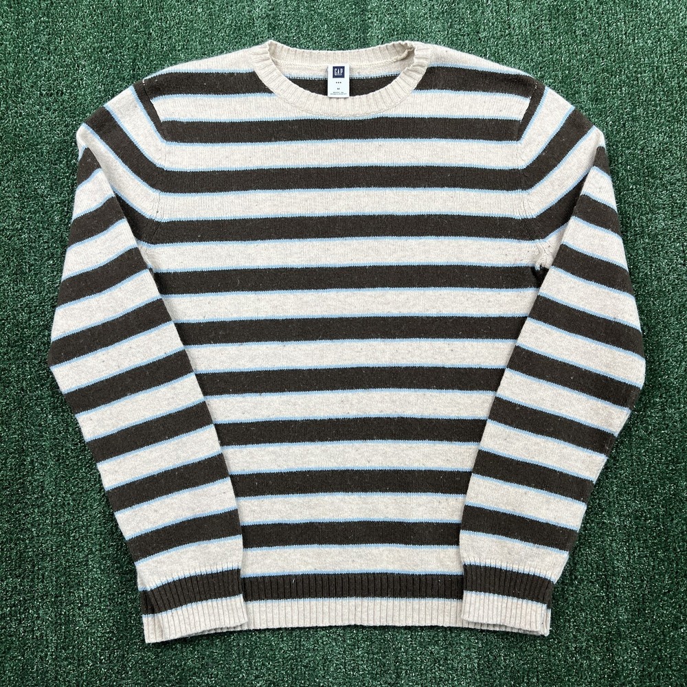 VTG GAP Sweater Mens Medium Cream Brown Striped Crewneck Pullover Wool Blend Y2K